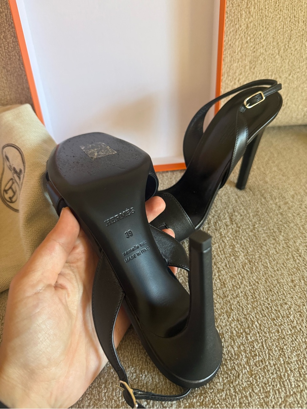 Hermes Black Leather Stiletto Slingback Heels - Picture 3 of 3